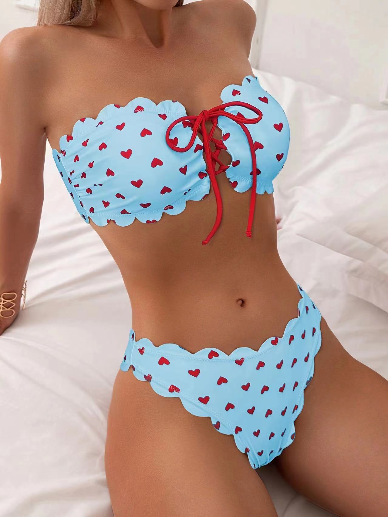 Printed Tube-top Bikini With Tie-up Drawstring
